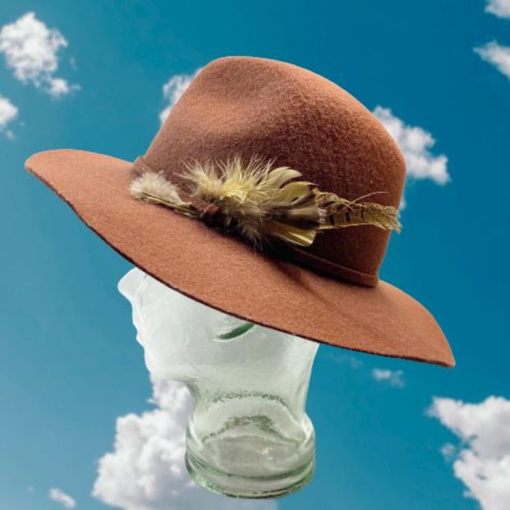 J.Crew Burnt Orange Wool Fedora with Feather S/M